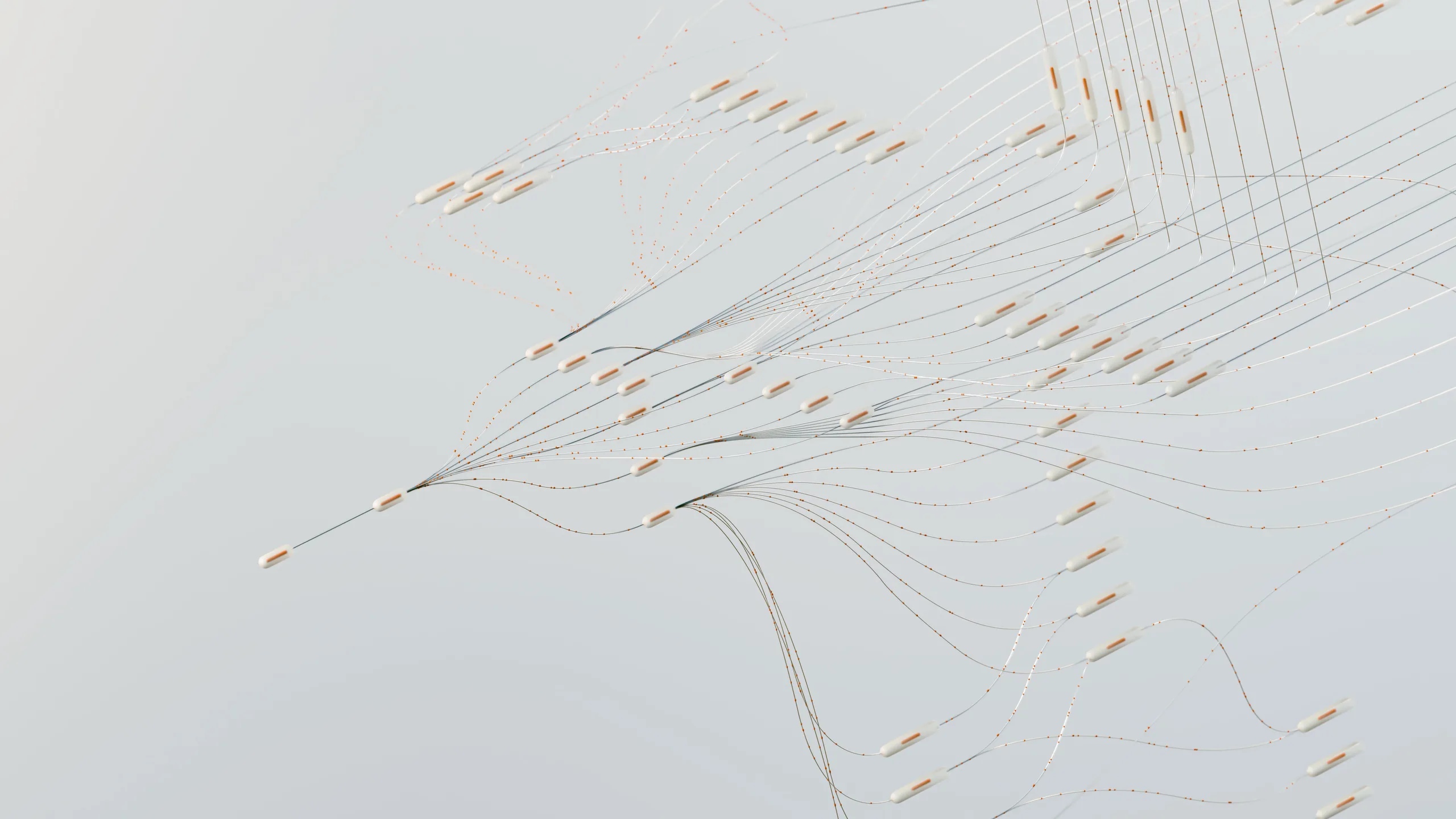 Abstract 3D render of fine threads fanning out from one point, strung with small white-and-orange capsules, on a pale grey ground
