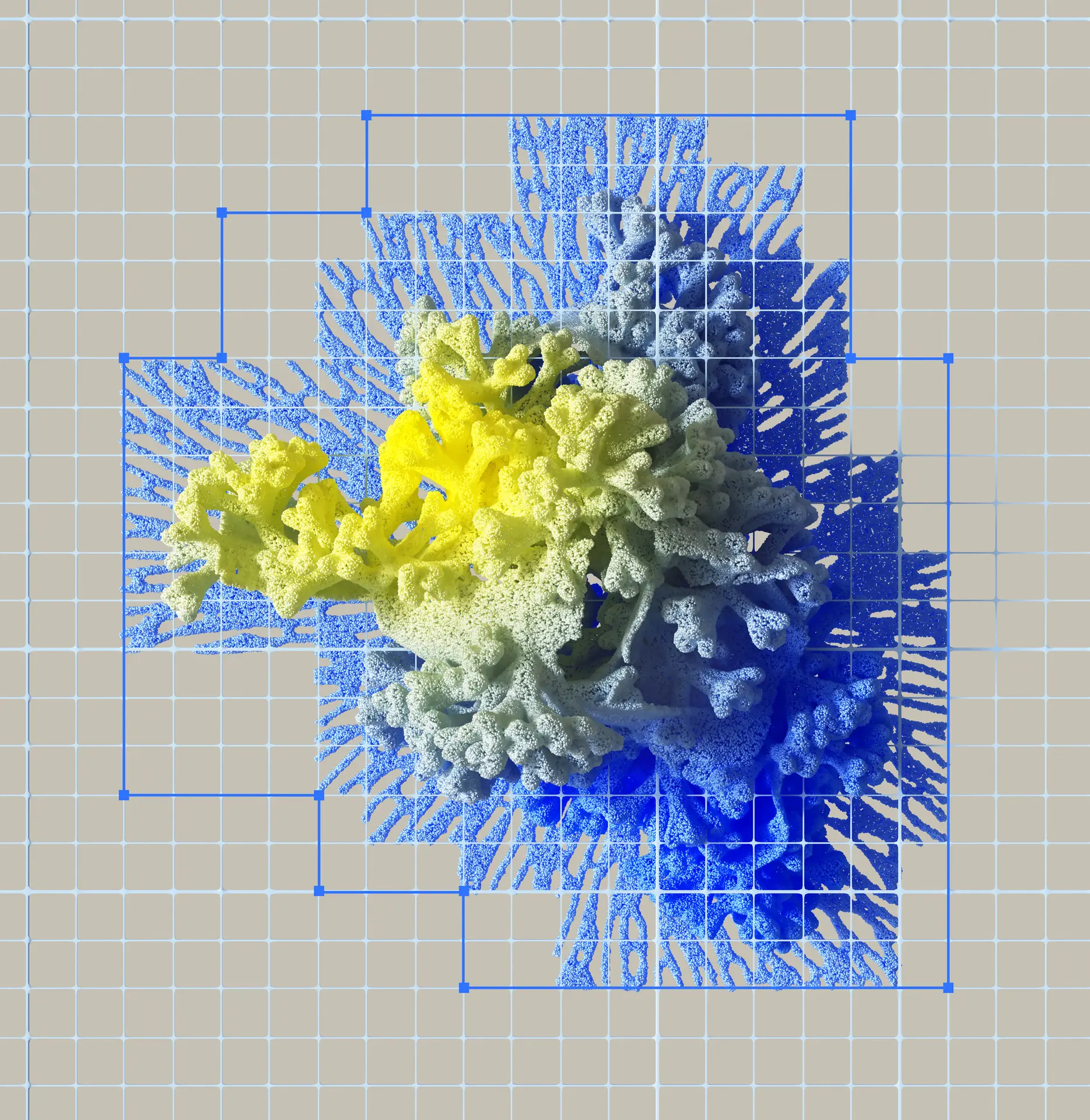 Abstract 3D render of a yellow-green branching coral-like form over a blue stippled grid
