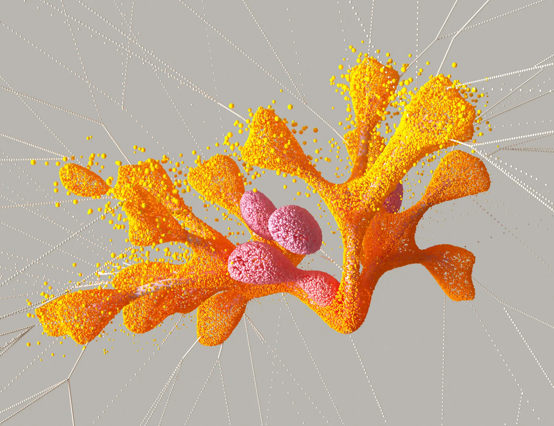 Abstract 3D render of an orange branching organic form with pink lobes and yellow particles
