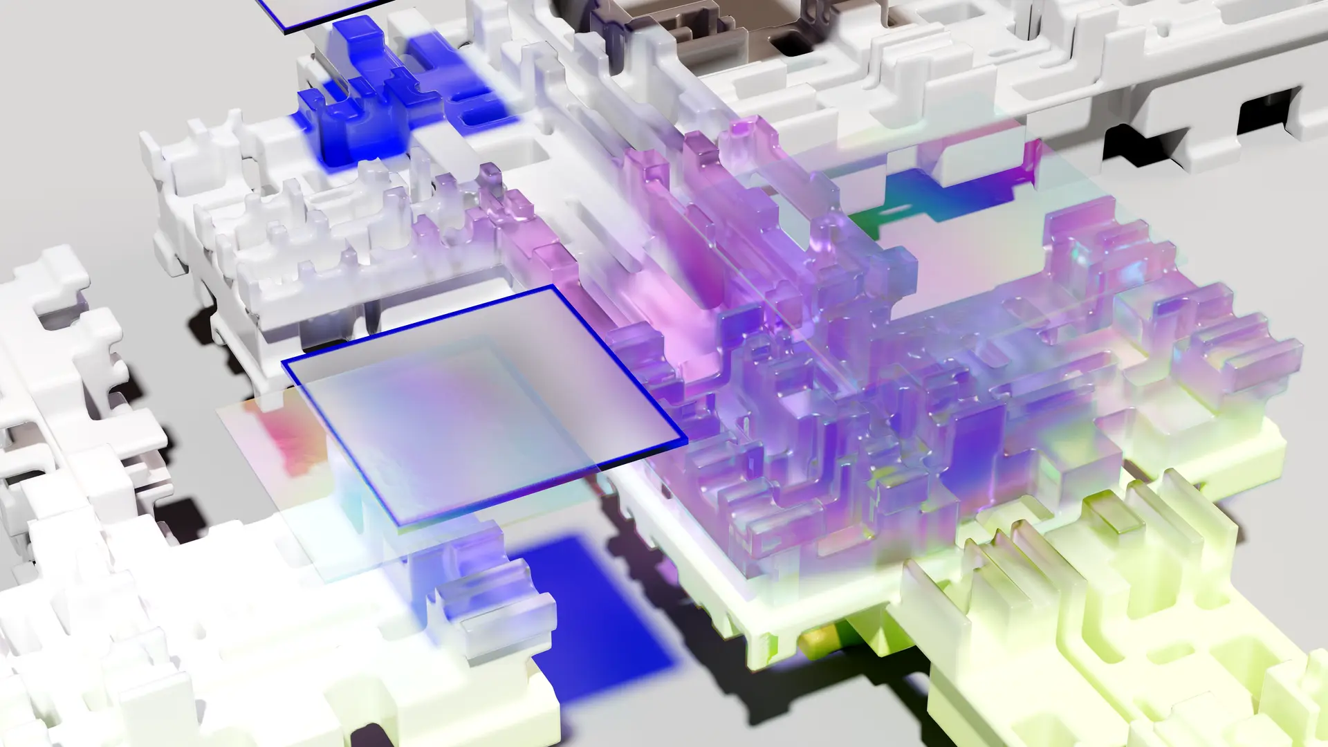 Abstract 3D render of layered translucent blocks in white, violet and blue, like a chip seen in cross-section