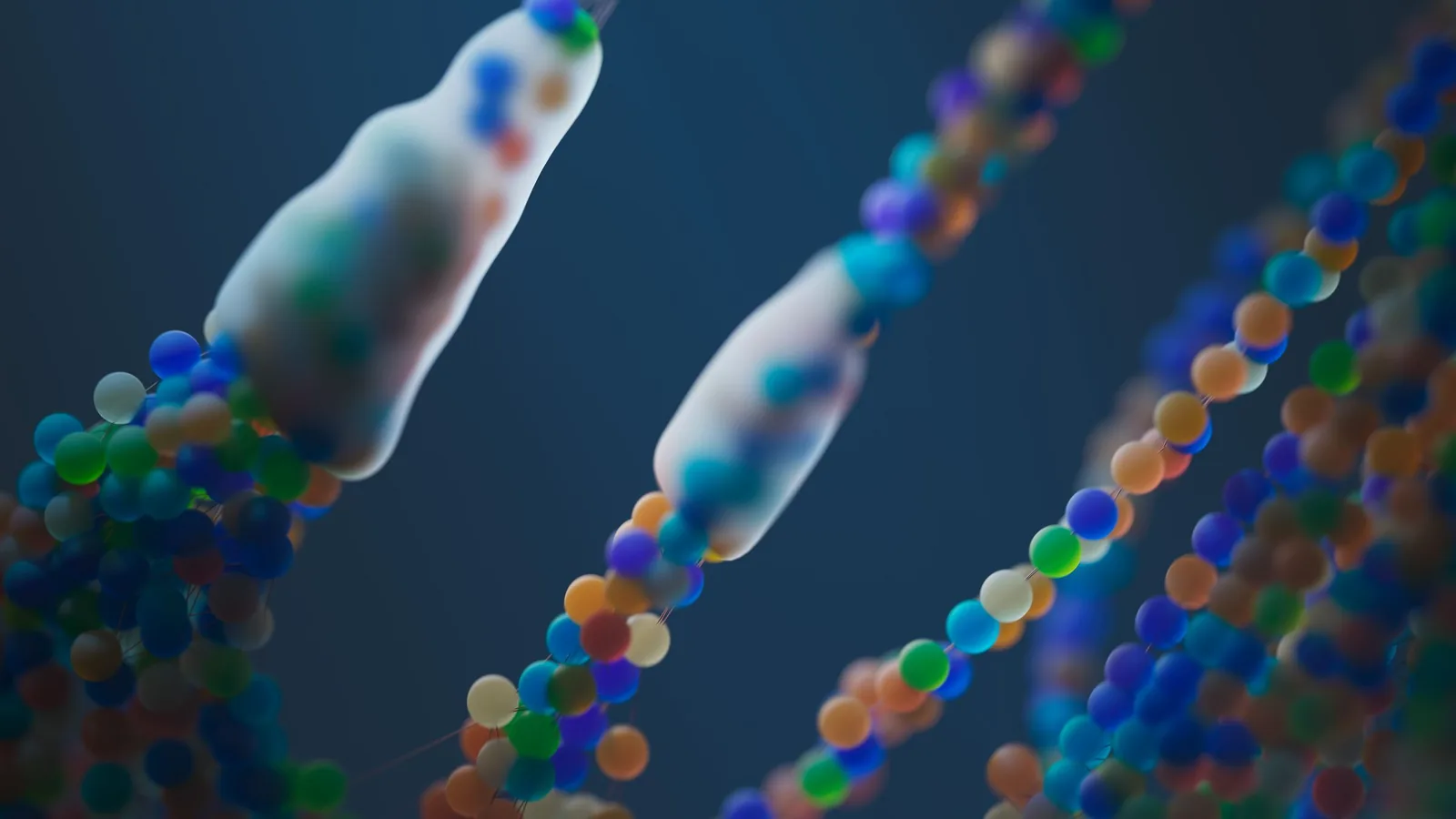 Close-up abstract 3D render of two bead-chain strands twisting through a field of translucent spheres