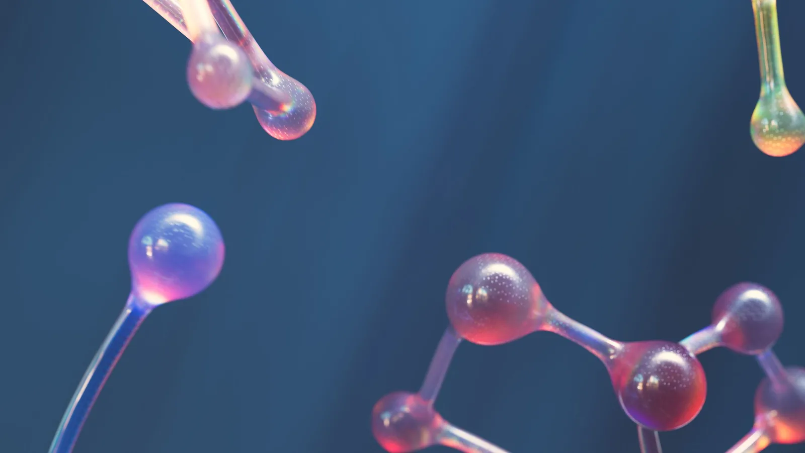 Abstract 3D render of translucent glass droplets on thin stems, floating against a dark blue ground