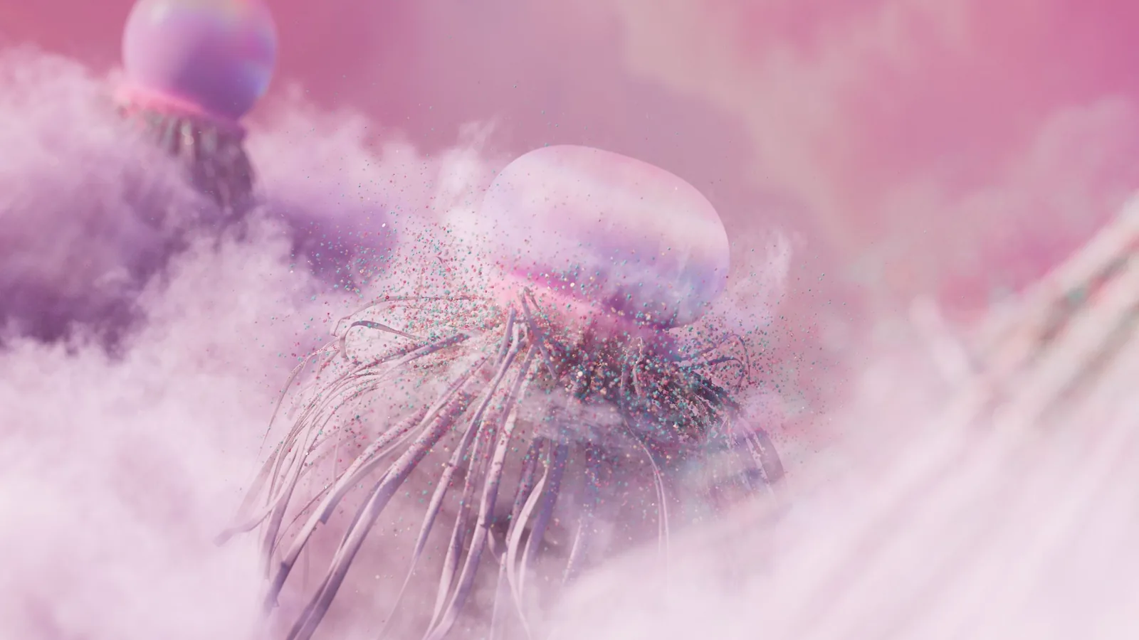 Abstract 3D render of a jellyfish-like form dissolving into pink and lilac mist