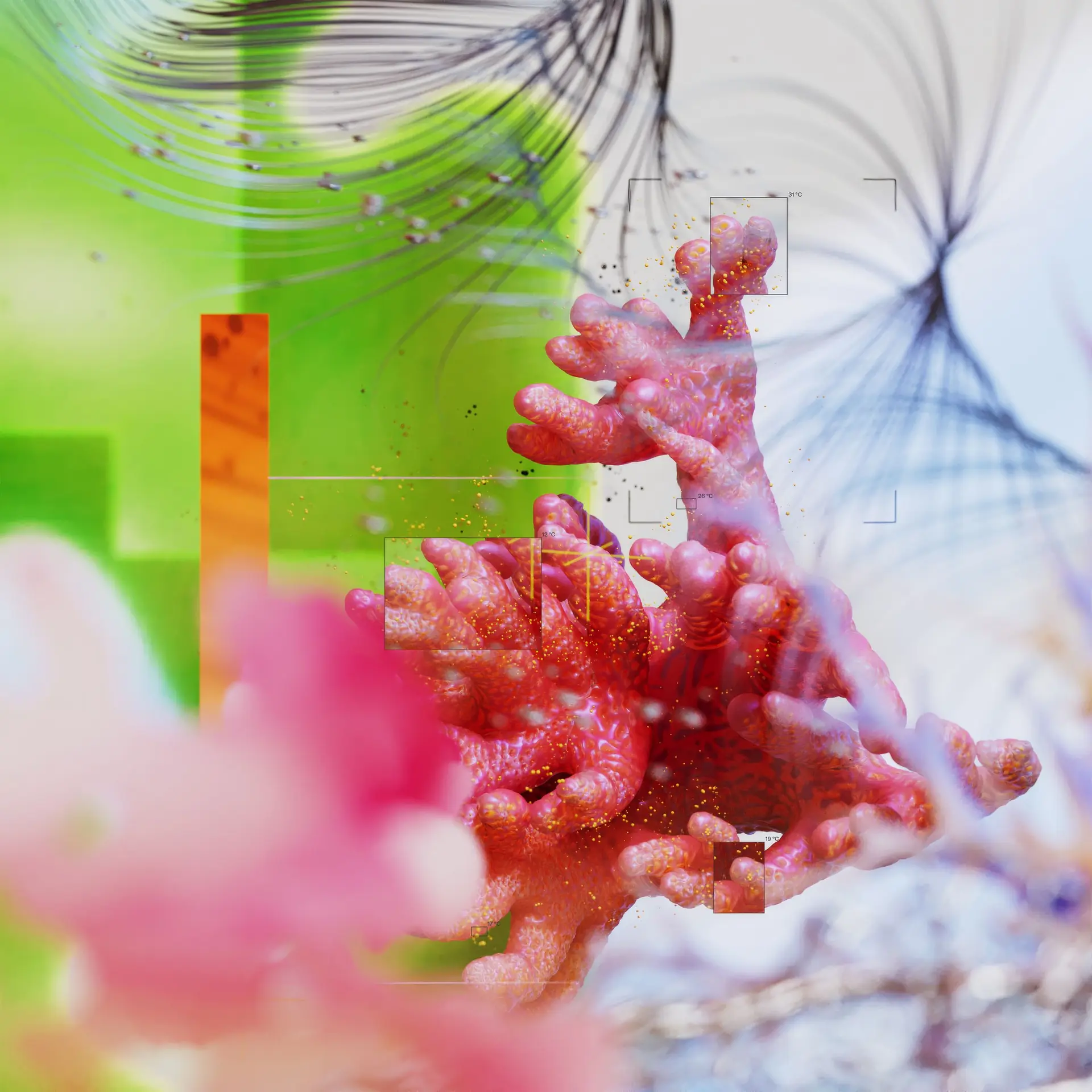 Abstract render of a red coral-like form among pink blossoms, green panels and thin blue lines