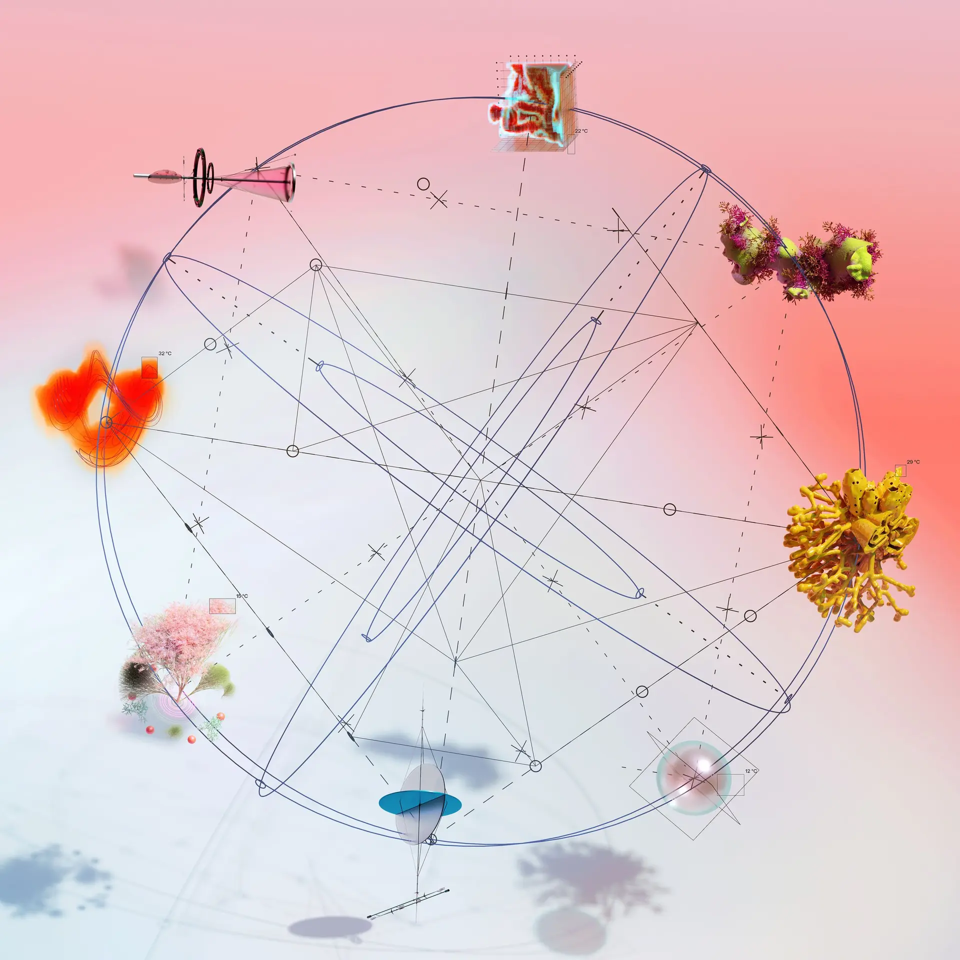 Abstract render of a thin circle crossed by lines, with small coloured organic forms on its rim, on a pink gradient