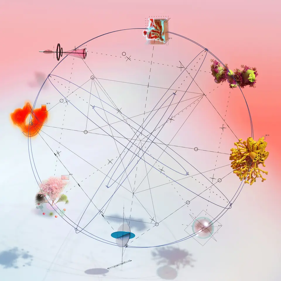 Abstract render of a thin circle crossed by lines, with small coloured organic forms on its rim, on a pink gradient