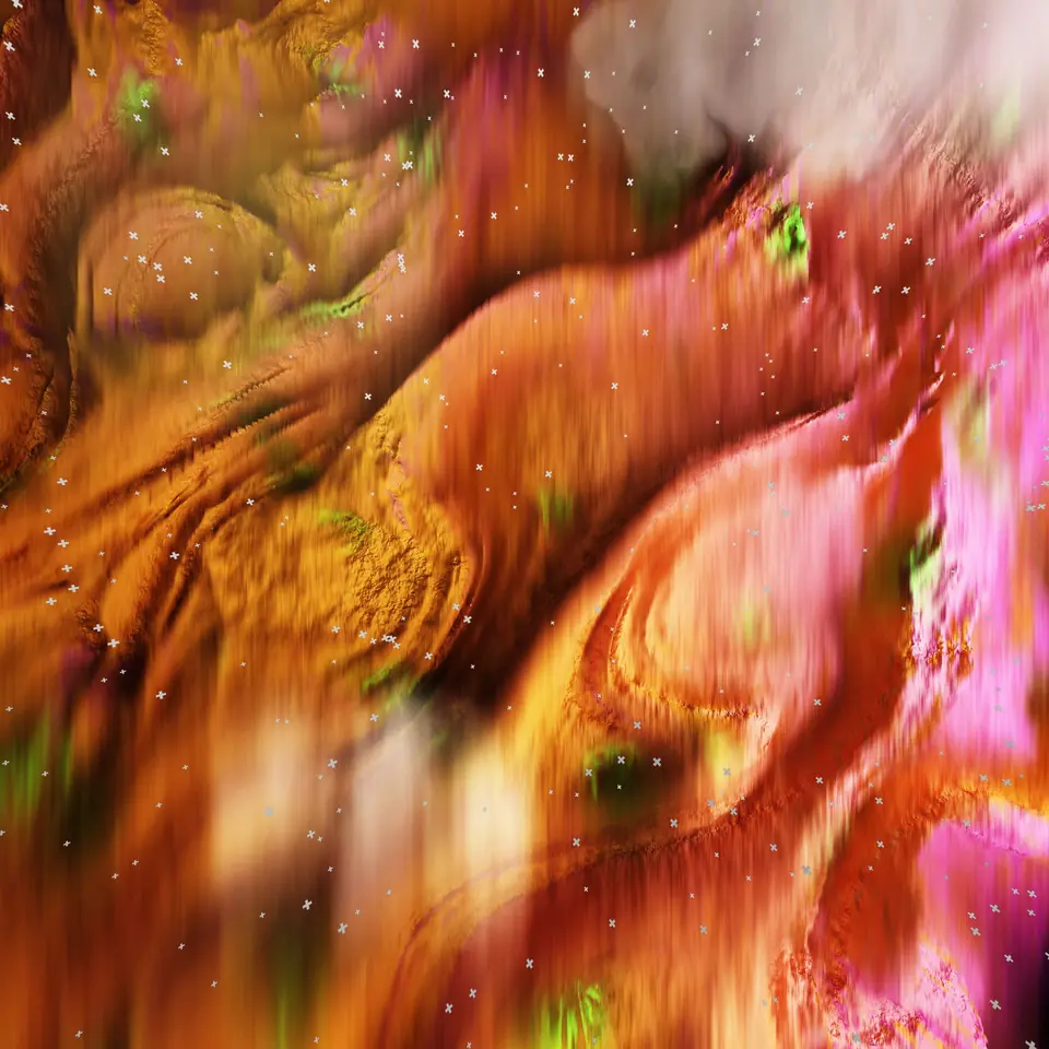 Abstract 3D render of swirling orange, ochre and green textures, like a close-up of layered material