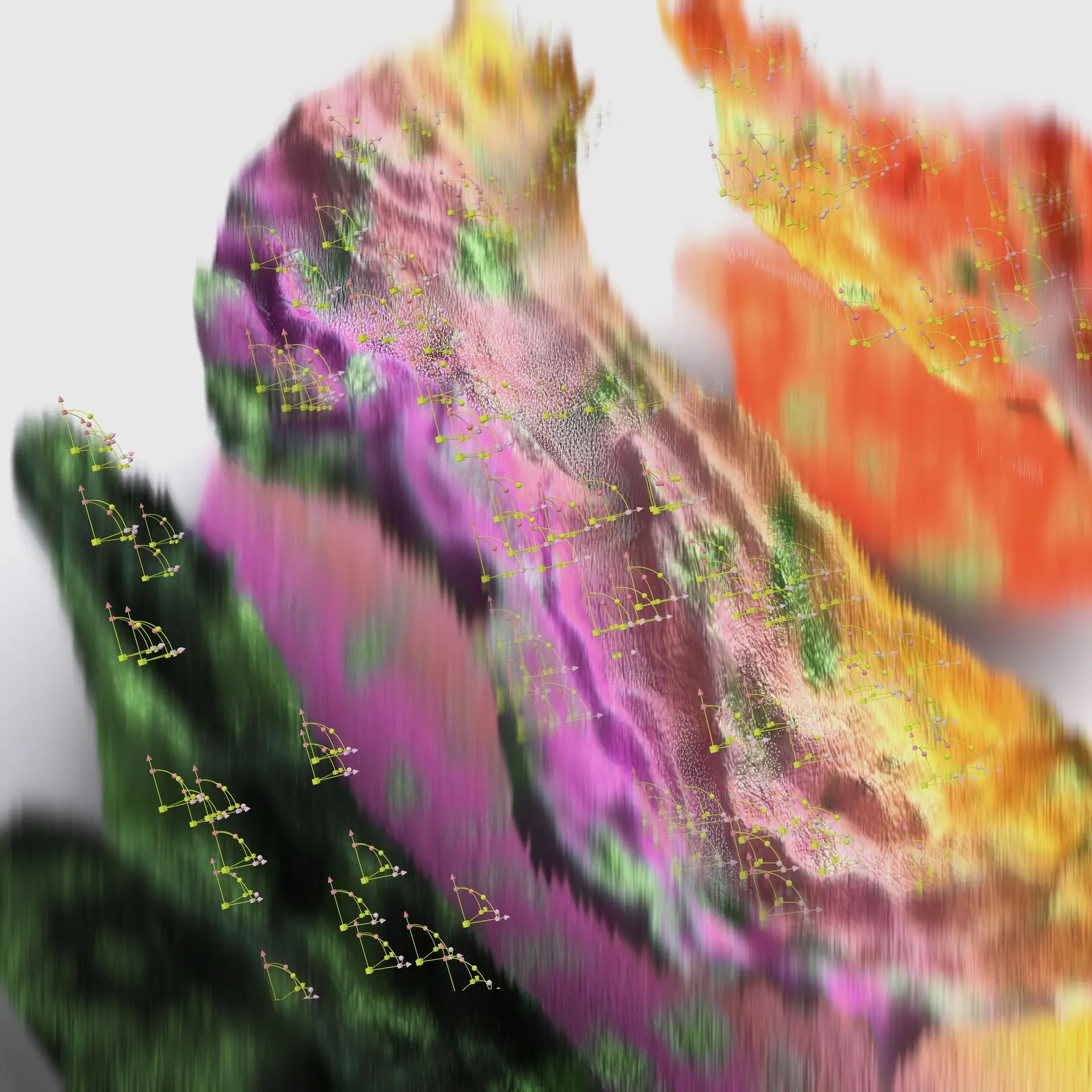 Abstract render of bright magenta, green and orange shapes breaking apart against a pale ground