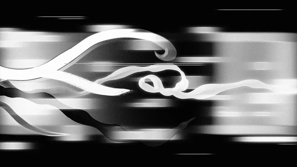Abstract black-and-white render of white ribbons streaking across a dark ground