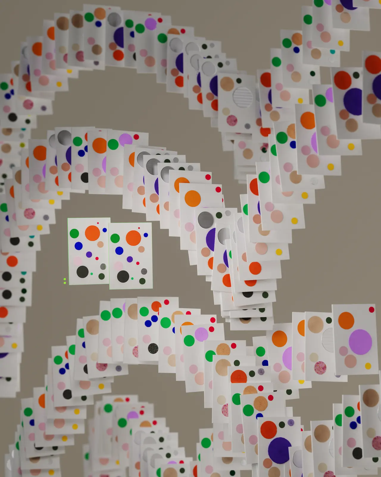 Abstract 3D render of white cards dotted with coloured circles, arranged in sweeping spiral arcs