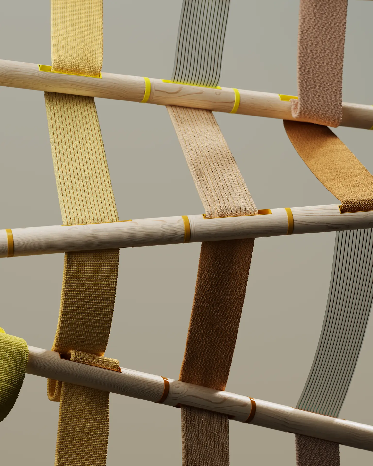 Abstract 3D render of woven bands in sand, ochre and grey threaded over and under wooden poles
