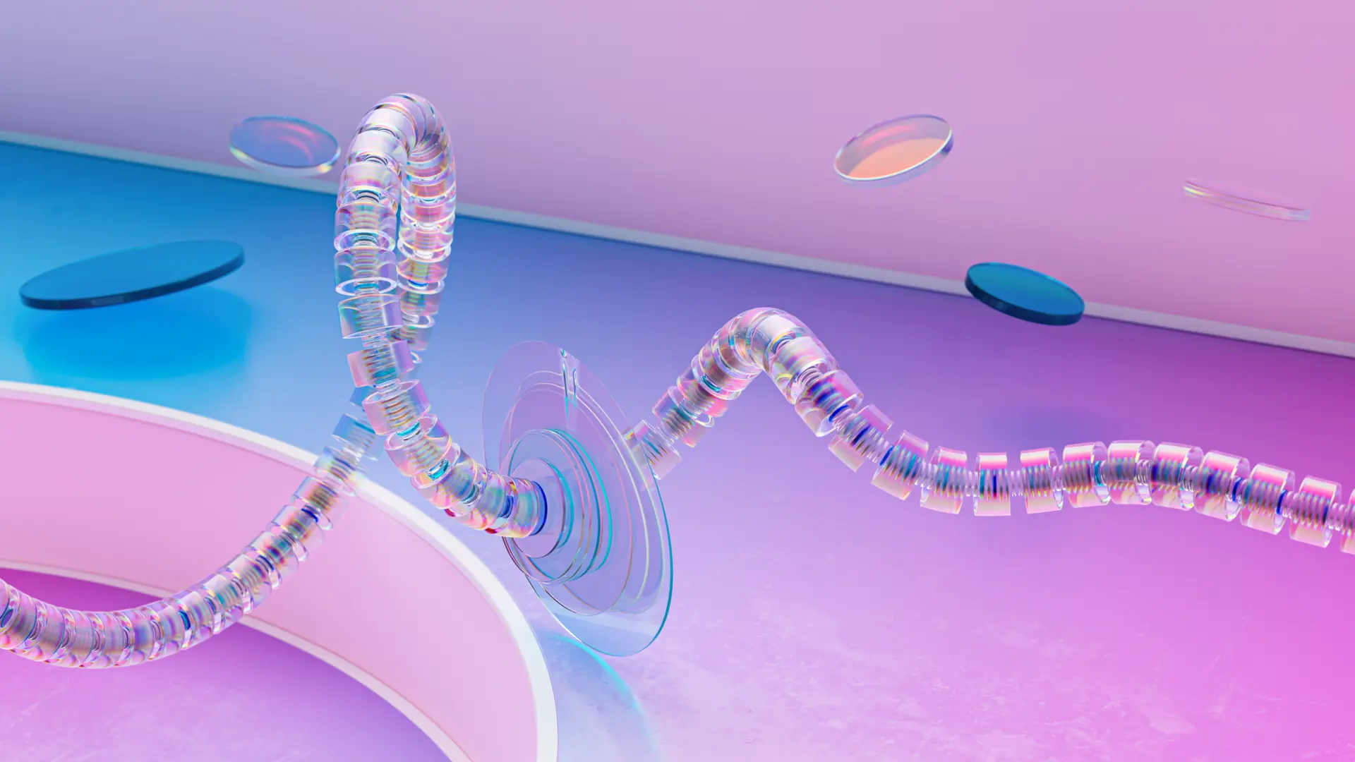 Abstract 3D render of a glassy ribbon of stacked rings winding over a pink and blue surface, an illustration of data storage