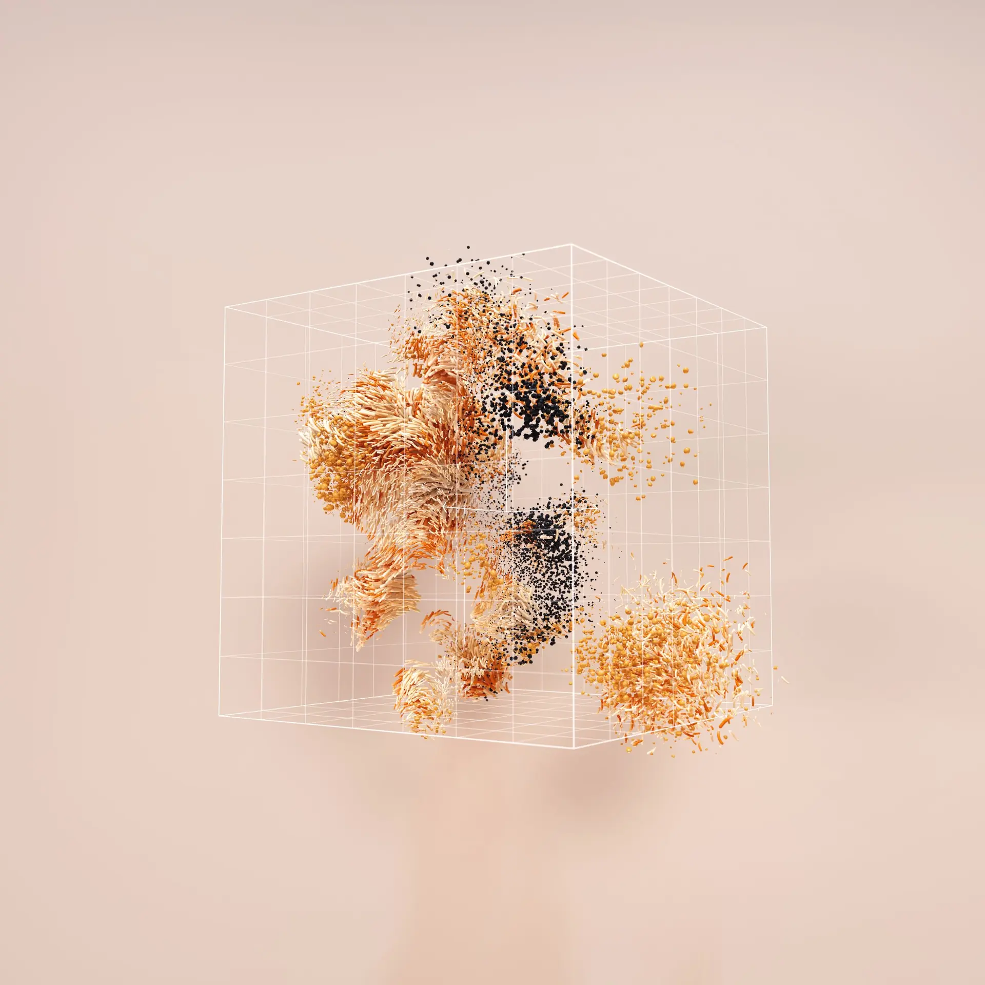 Abstract render of a wireframe cube holding orange and black particles