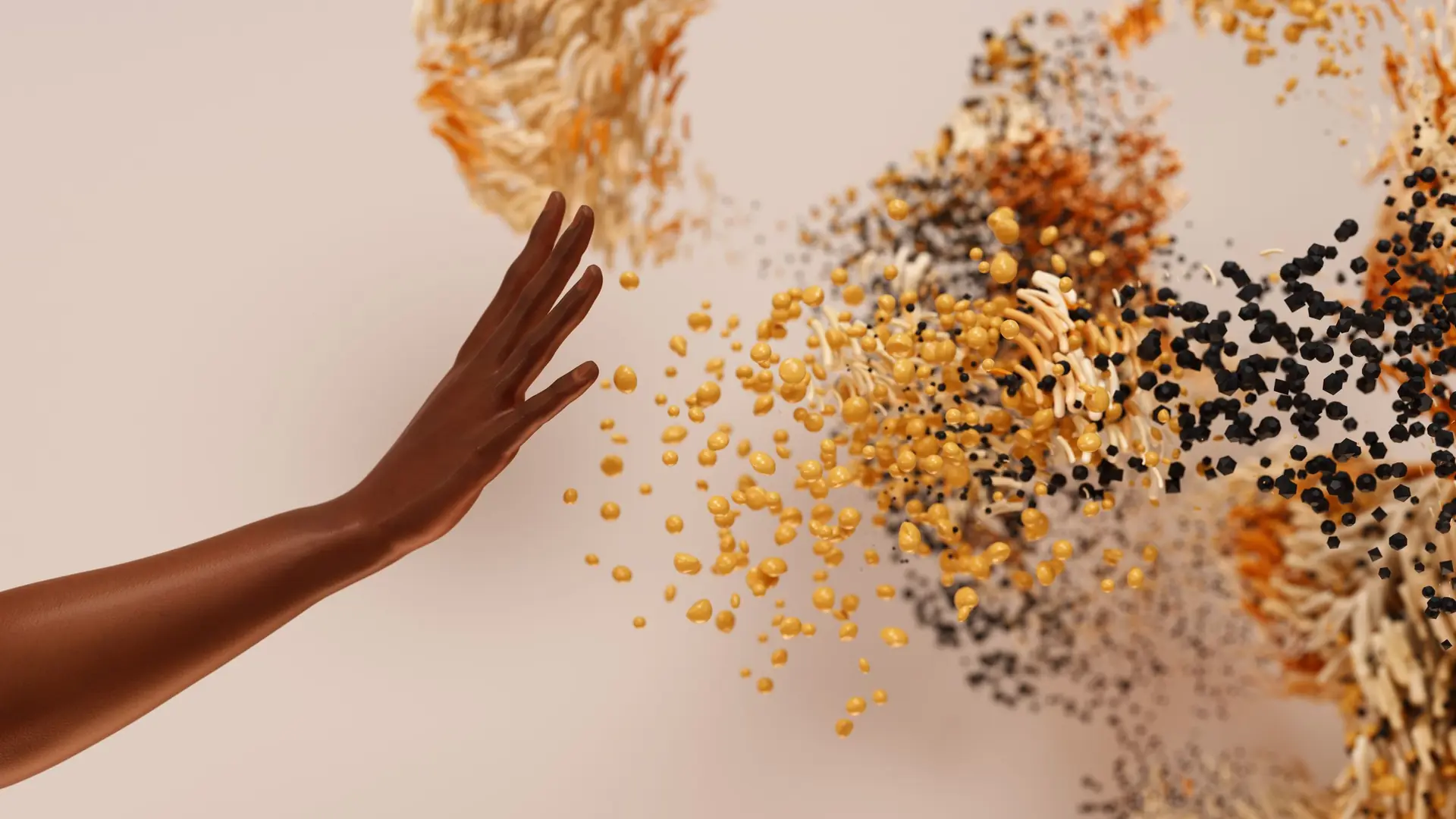 Abstract render of a hand reaching towards a swirl of particles