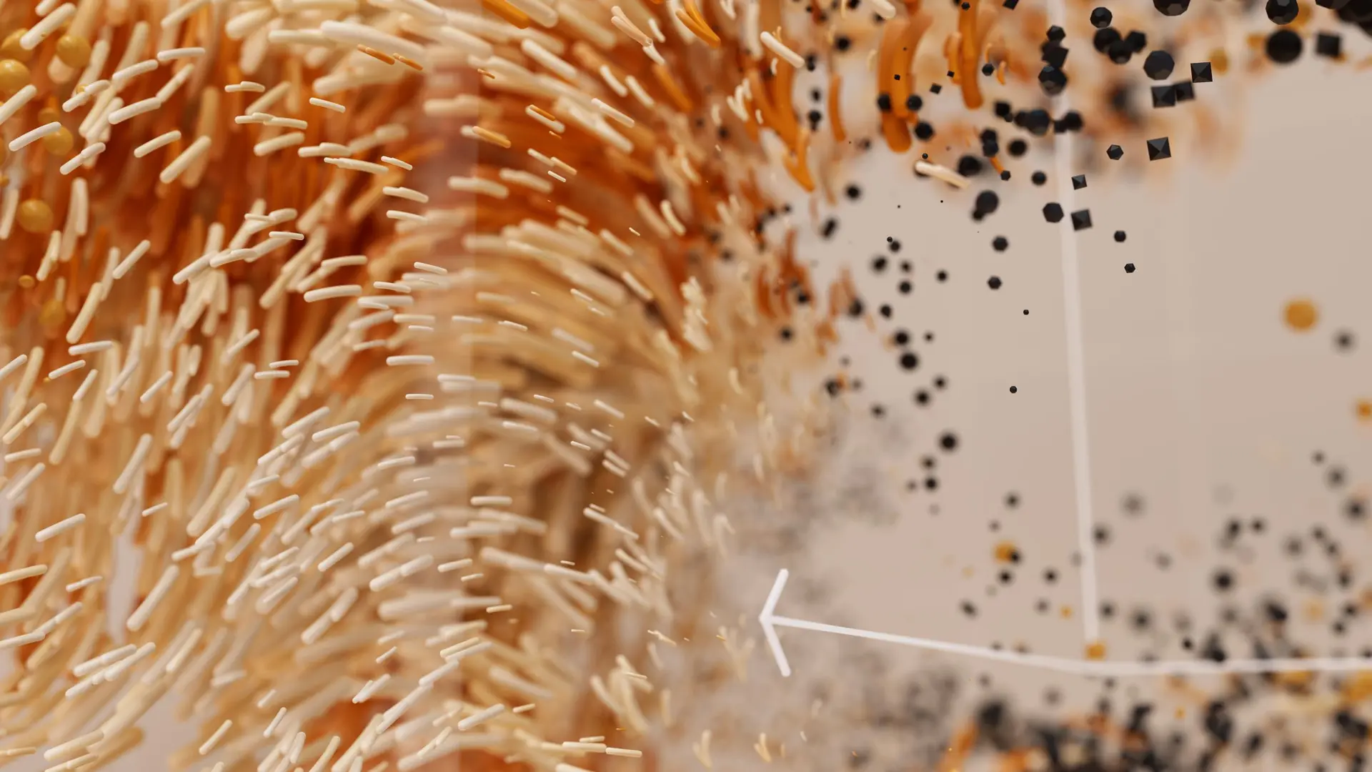 Abstract render of a swirl of orange and cream strands with black dots