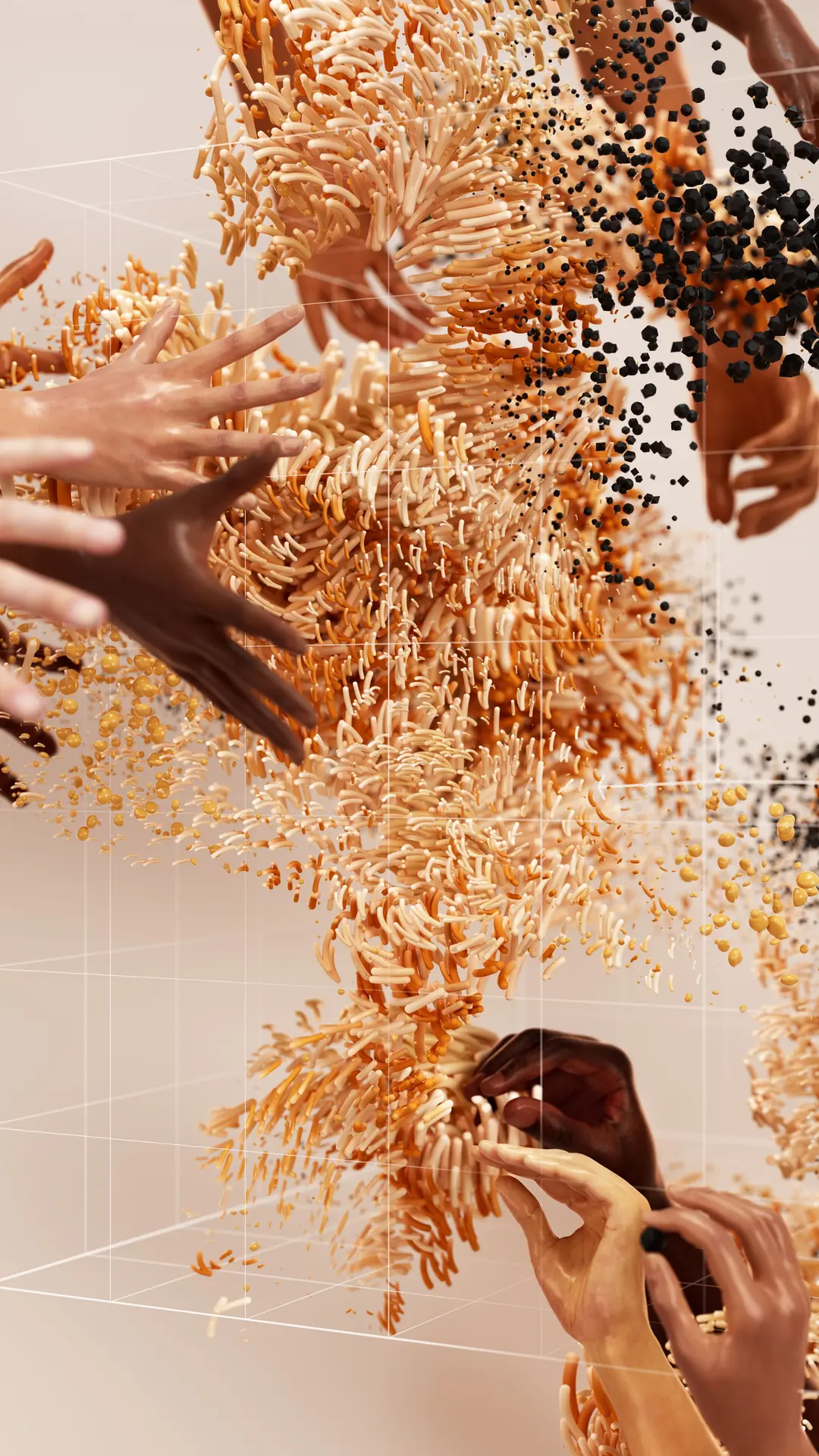 Abstract 3D render of several hands passing a stream of orange particles between them