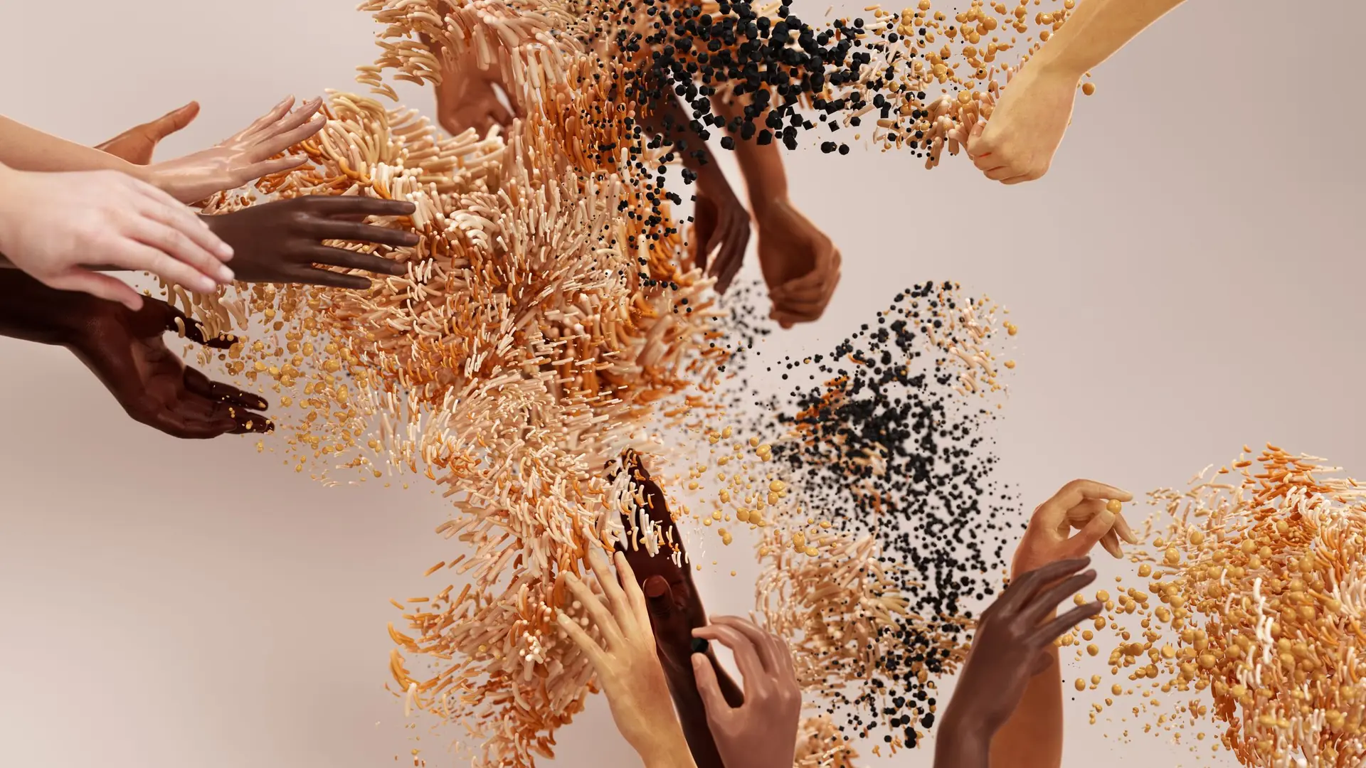 Abstract render of hands reaching into a cloud of orange and black particles
