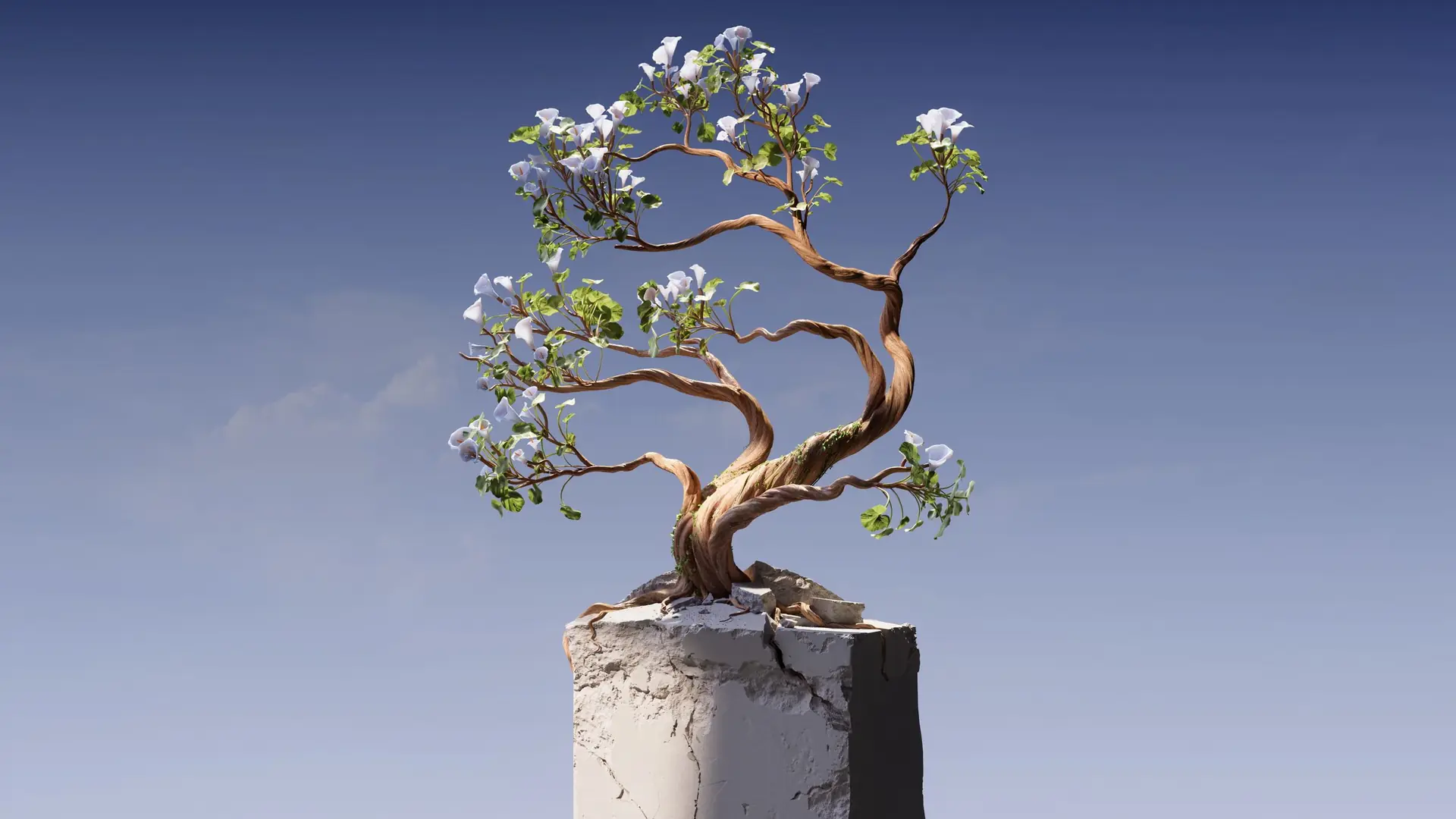 Abstract 3D render of a small flowering bonsai tree on a rough concrete pedestal under a clear blue sky