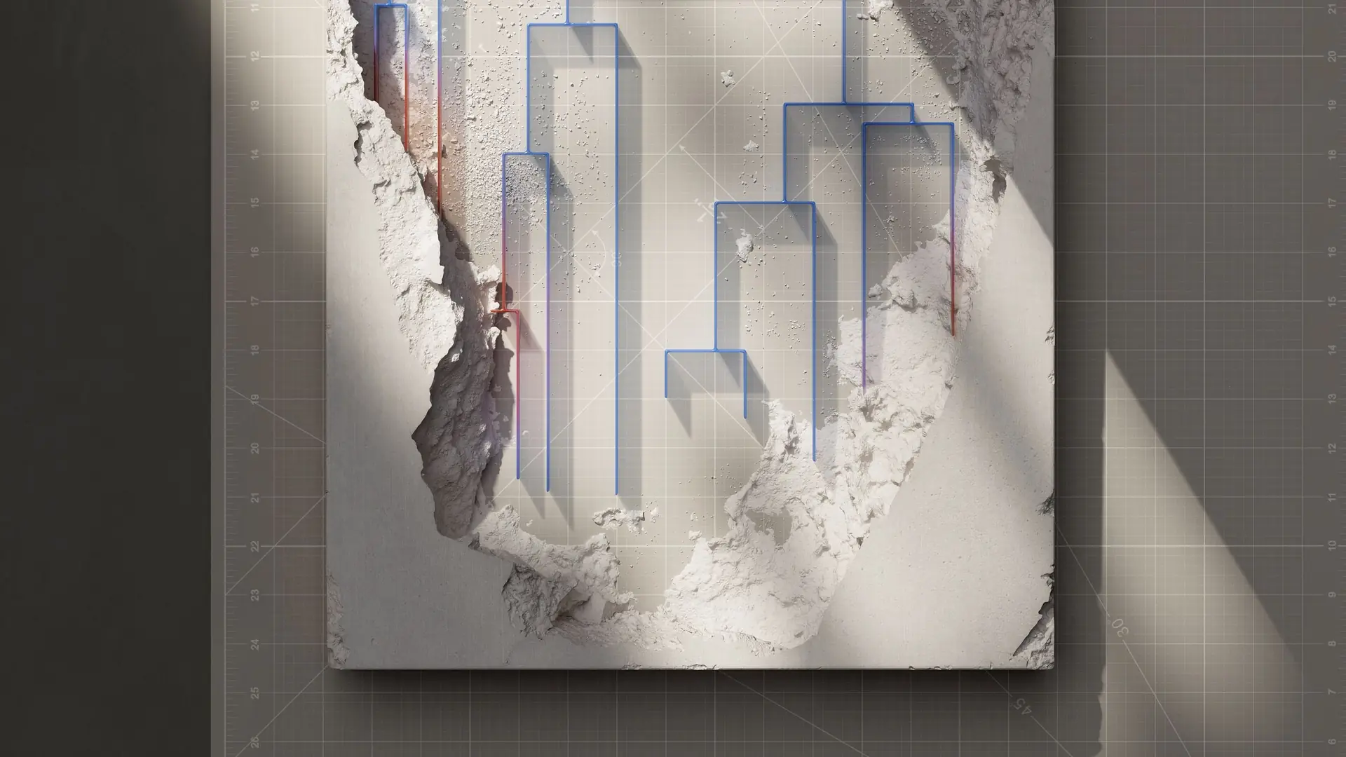 Abstract 3D render of a cracked plaster panel overlaid with translucent blue rectangular columns