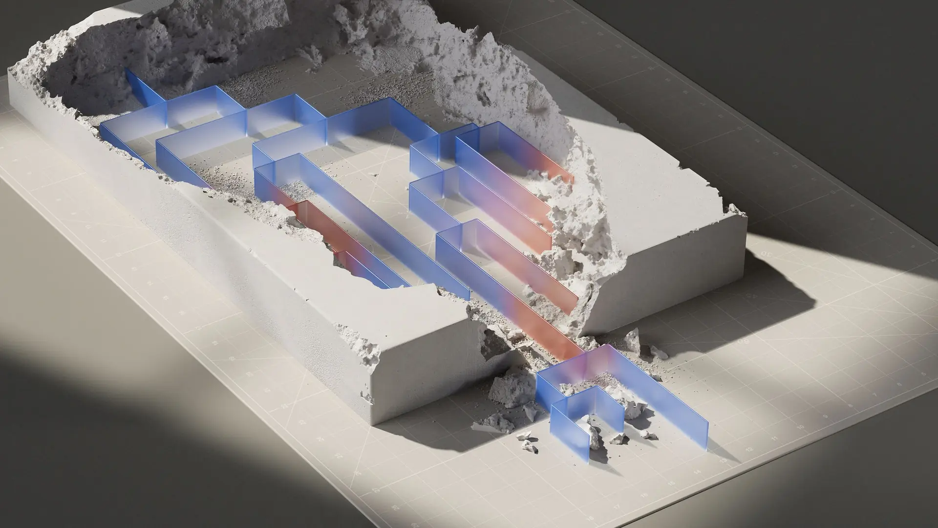 Abstract 3D render of a white plaster block cut open, with blue and red translucent layers running through the cut