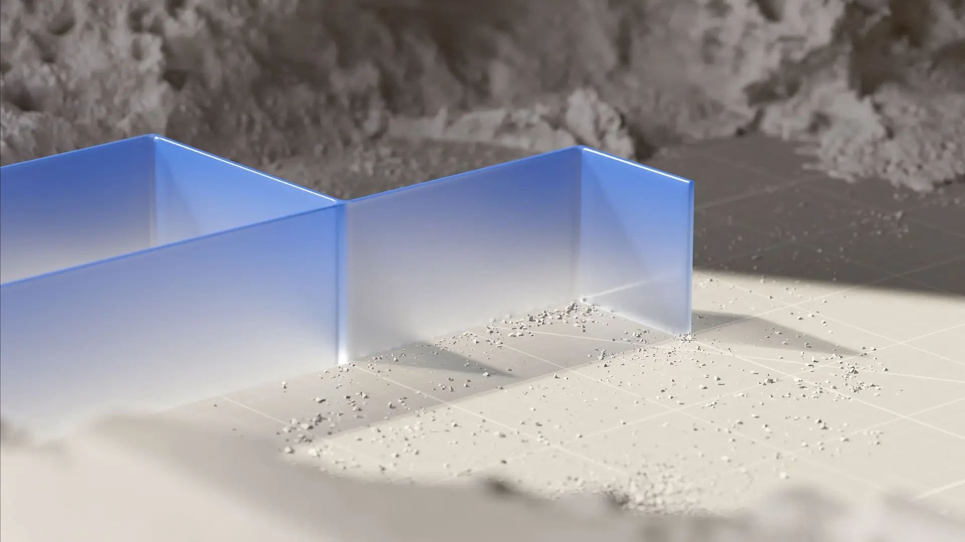 Abstract 3D render of a blue gradient wall folded into a zigzag, set against rough plaster