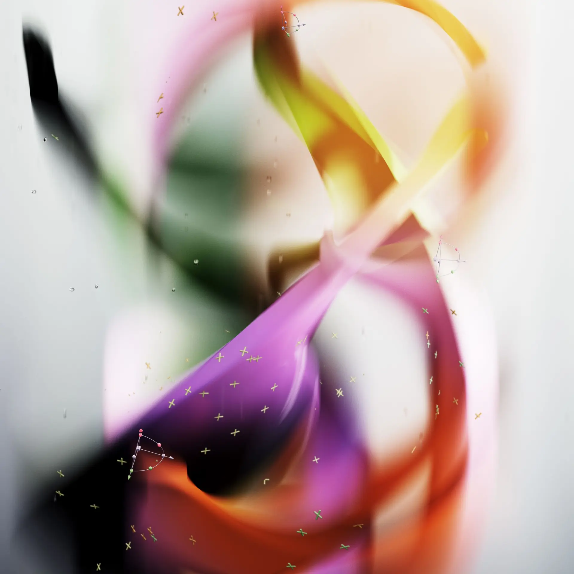 Abstract 3D render of a spiral of glossy ribbons in yellow, violet and black against a pale background