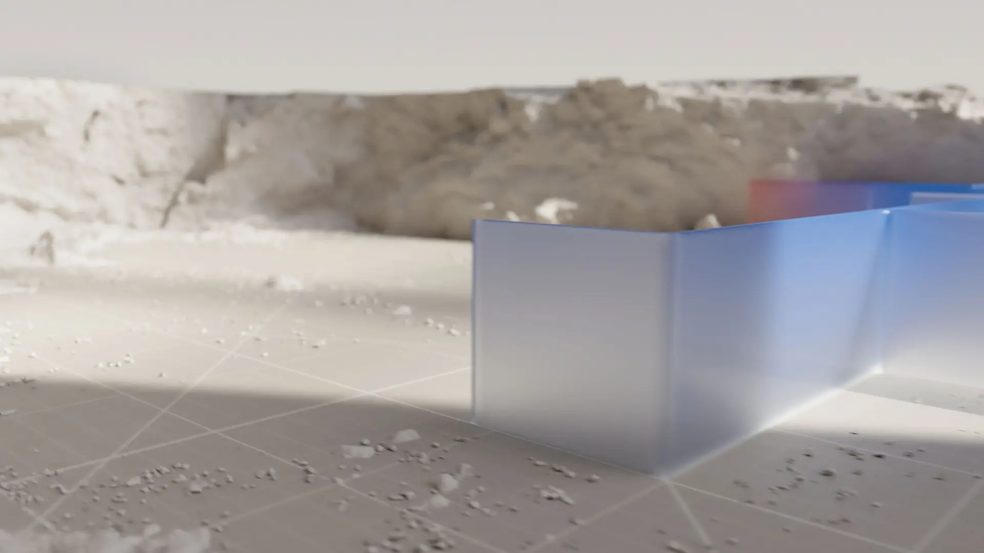 Abstract 3D render of a translucent blue folded panel standing on a rough grey surface