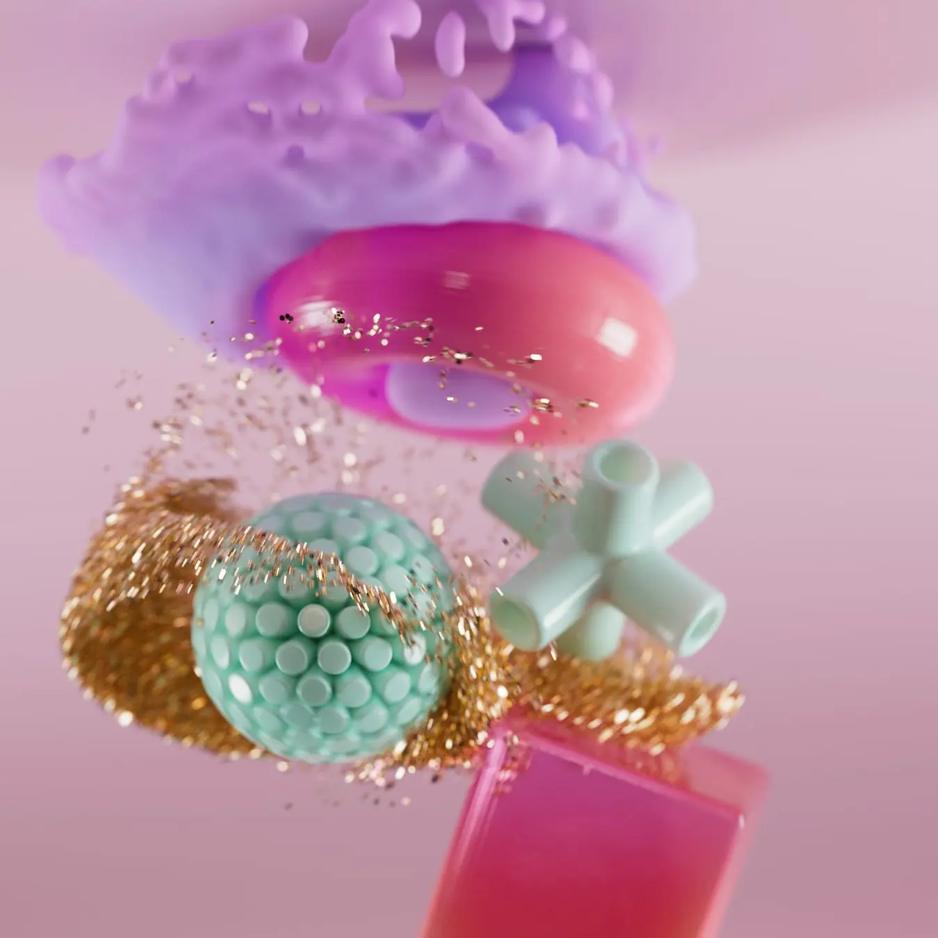 Abstract 3D render of glossy pink, teal and gold shapes and glitter floating against a soft pink backdrop