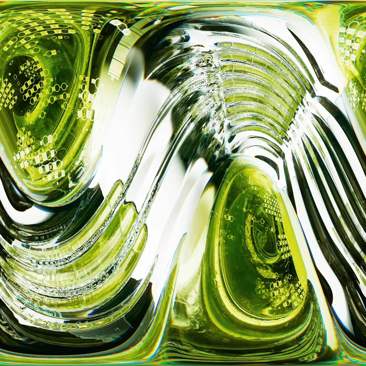 Abstract 3D render of swirling green and silver glass with fine patterns, seen from above