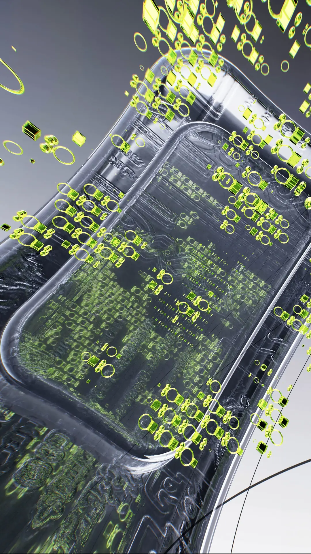 Abstract 3D render of a curved glass panel with green data marks drifting over a dark grey surface