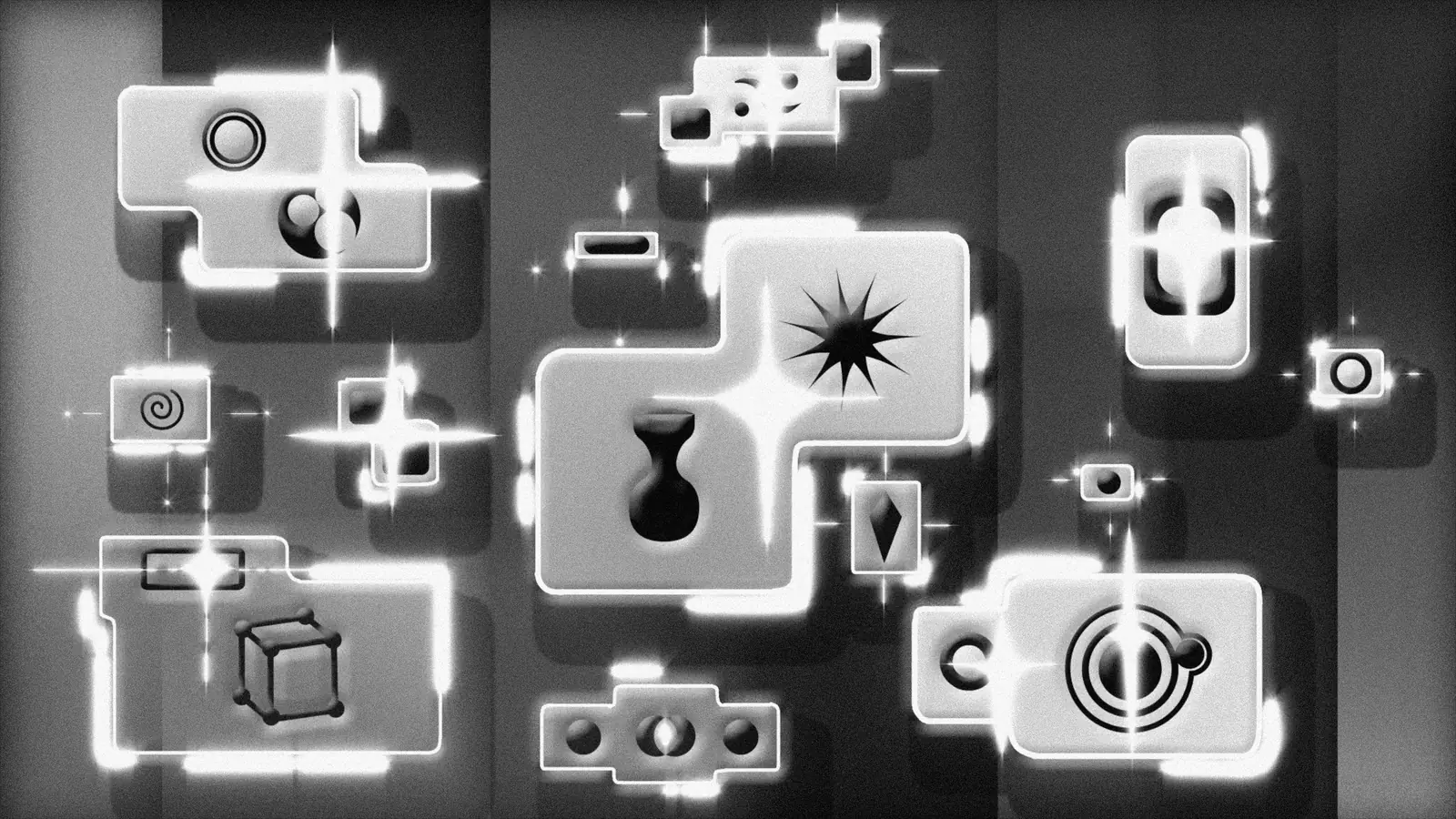 Abstract black-and-white render of glowing tiles on a dark grid
