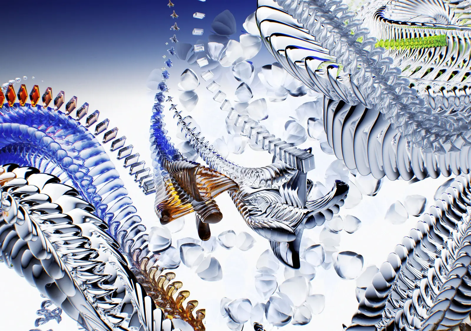 Abstract 3D render of blue, silver and orange spiralling ribbons and gears tangled together
