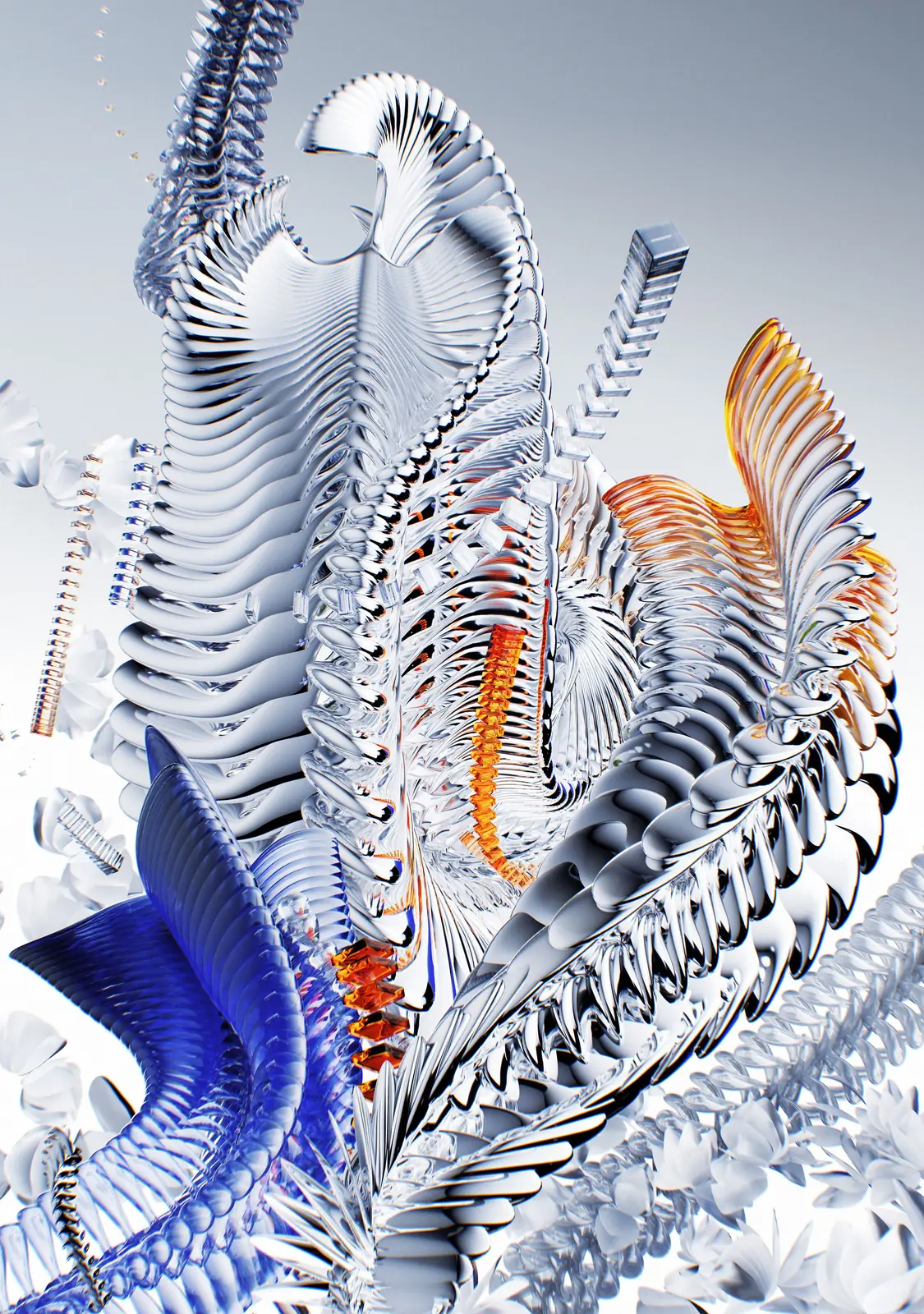 Abstract render of tall silver and blue ribbed spirals
