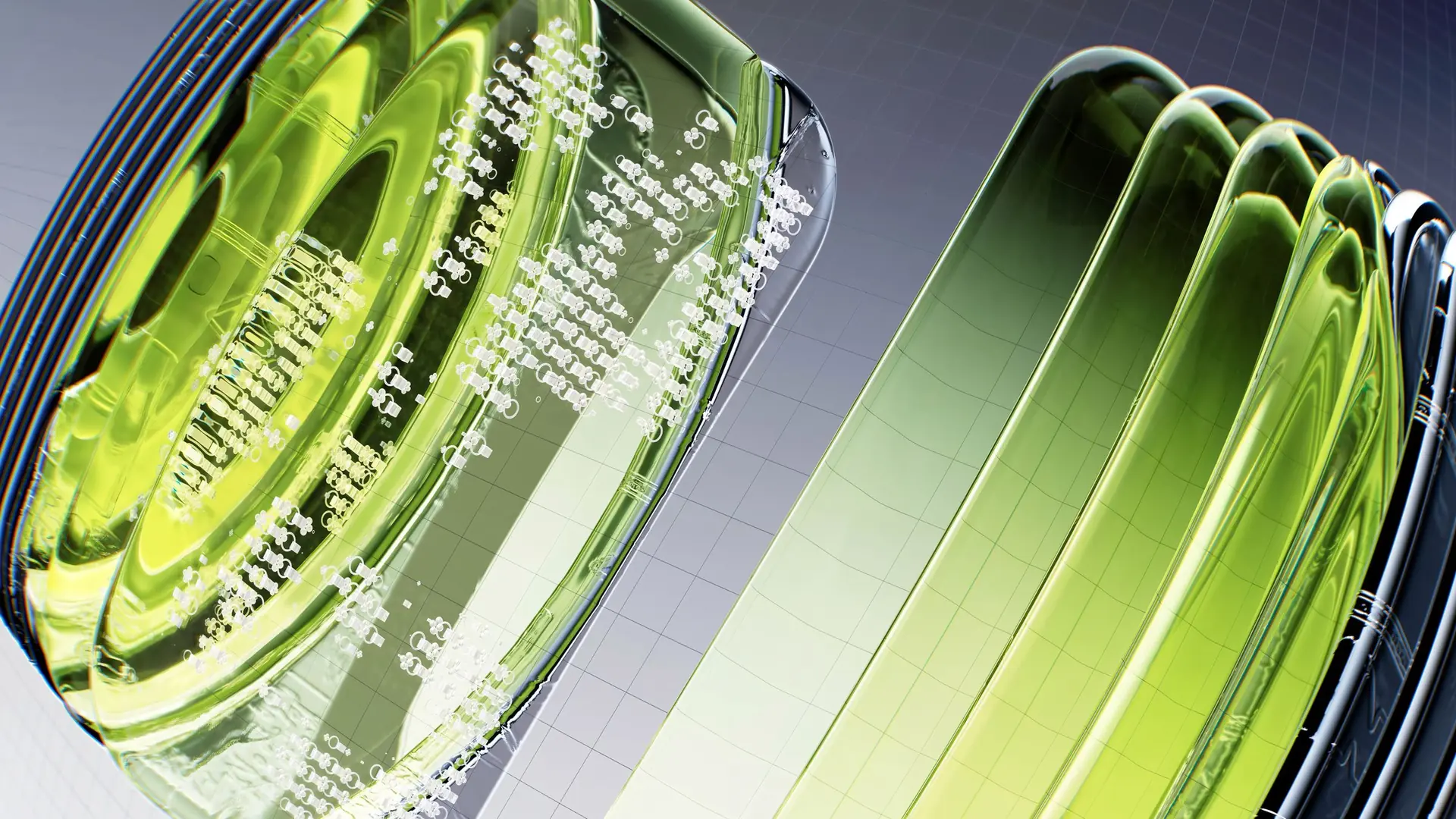 Abstract render of a translucent green ribbed cylinder beside chrome tubes