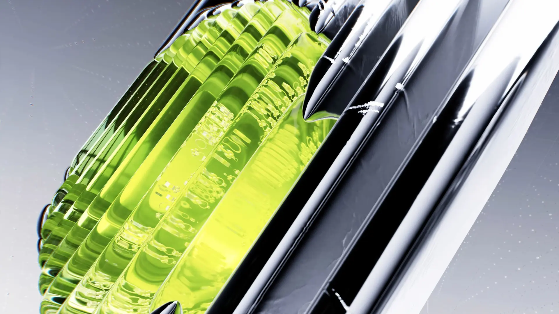 Abstract render of a lime-green glass cylinder between chrome bars